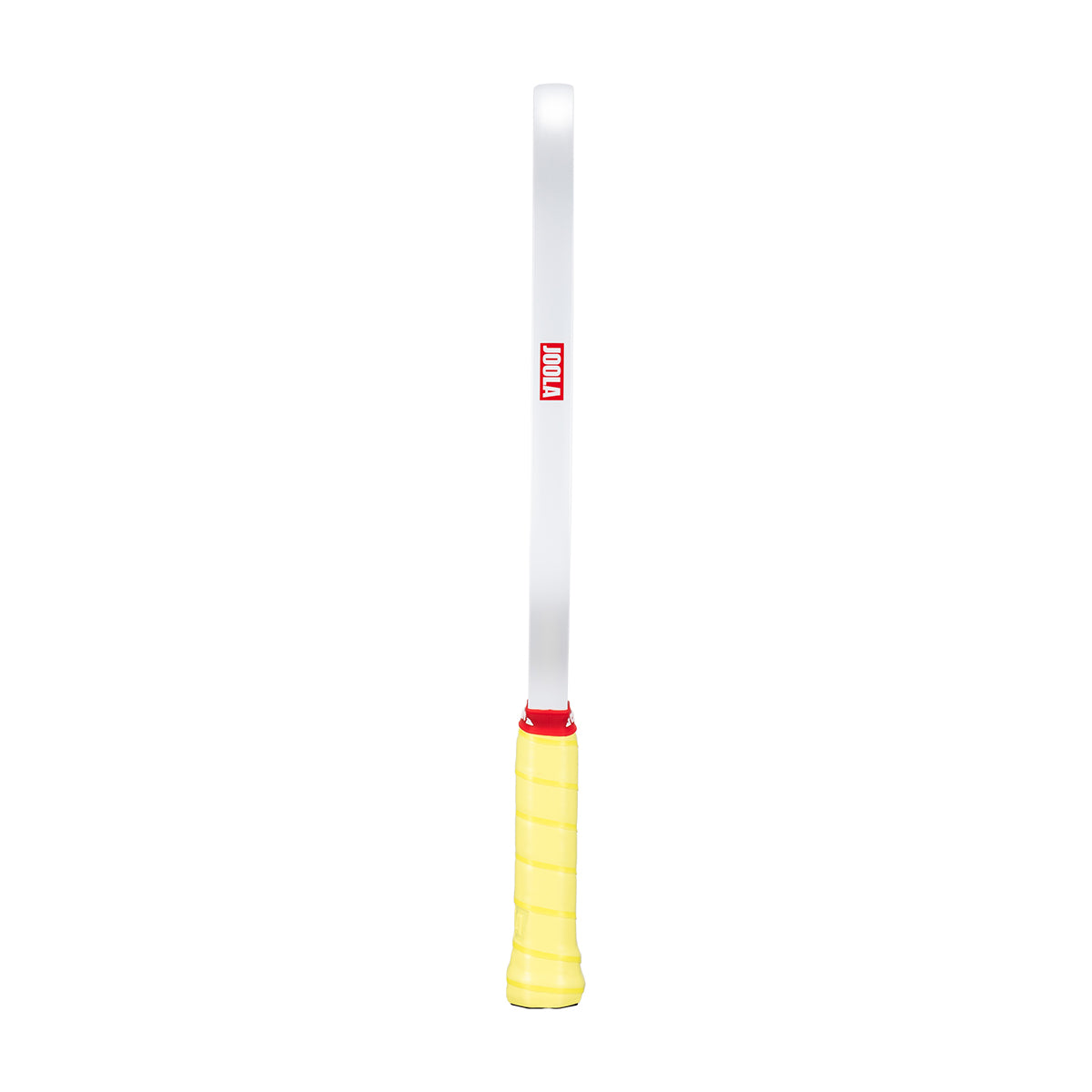 White background, product image showing the white edge guard and yellow handle on the JOOLA Perseus Astral pickleball paddle.