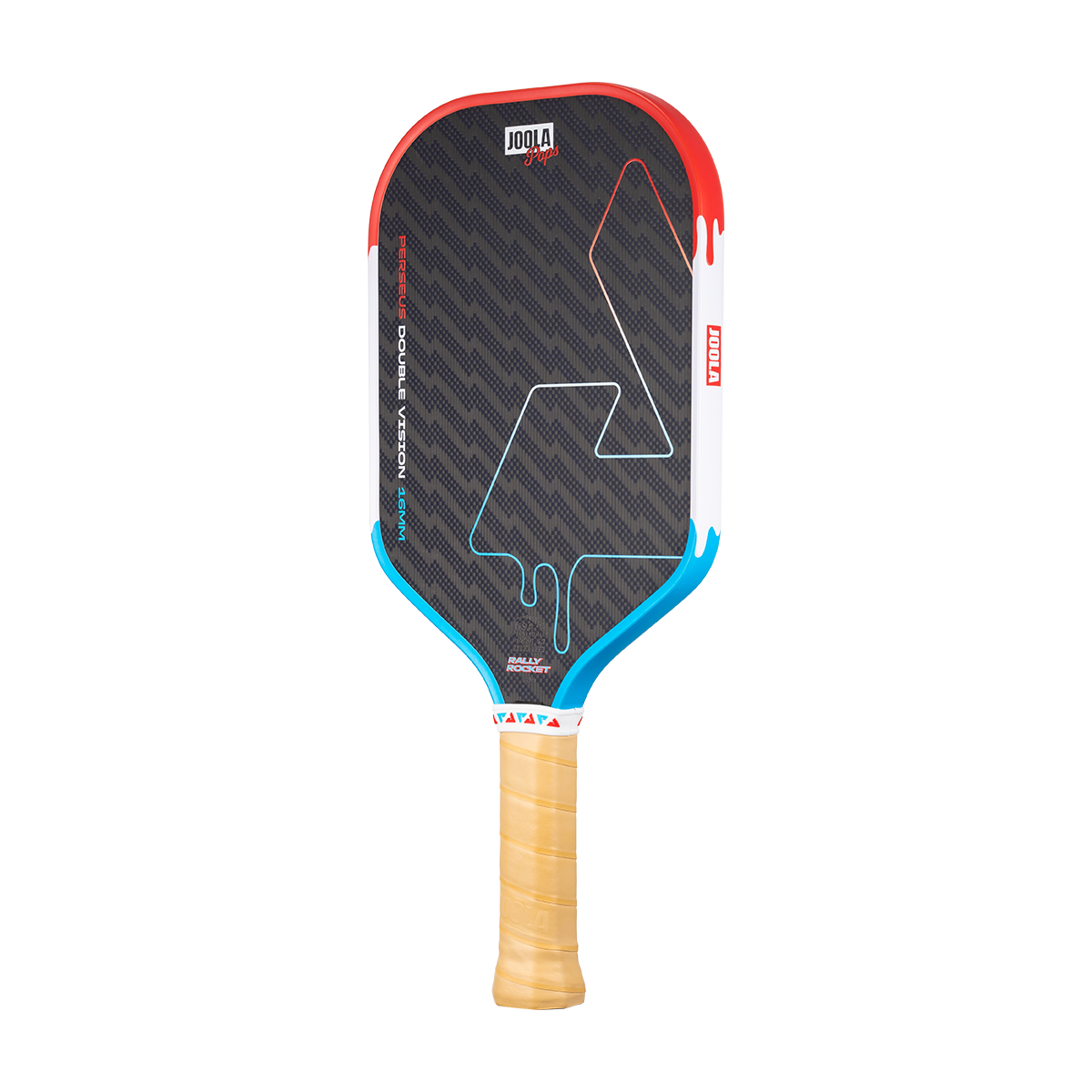 Product image of the JOOLA Perseus Double Vision Pickleball paddle 16mm Rally Rocket pop design.