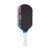 Pickleball paddle with black face, pink rim, blue border, and white handle on a white background.