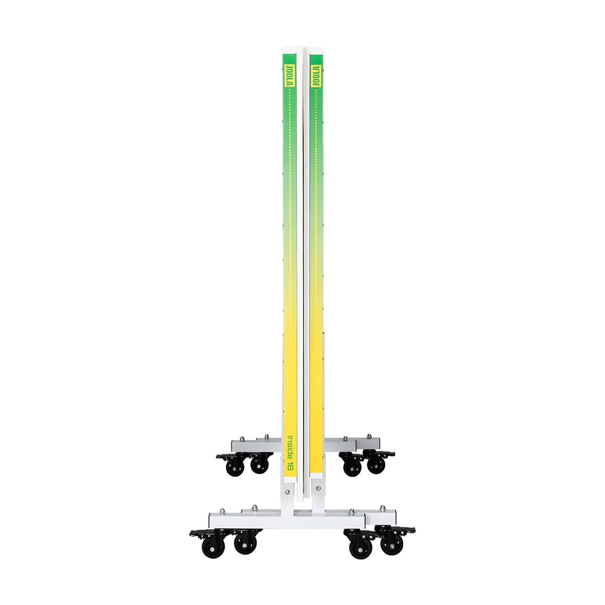 White background, product image showing the JOOLA x Hugo Calderano table tennis table, folded and standing upright.