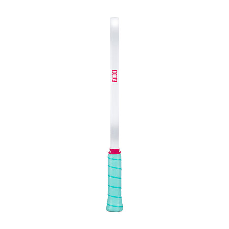 White background, product image showing the white edge guard and teal handle on the JOOLA Perseus Astral pickleball paddle.