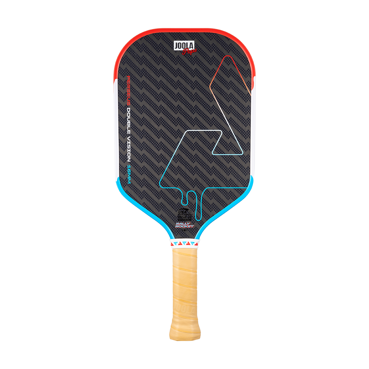 Product image of the JOOLA Perseus Double Vision Pickleball paddle 16mm Rally Rocket pop design.