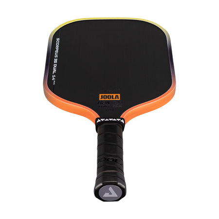 White background, Orange and Yellow gradiant edge guard on the JOOLA 3S Dual Scorpeus Pickleball Paddle.