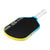 Pickleball paddle with black surface, yellow rim, and white handle on a white background.