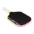Pickleball paddle with black face, pink sides, and white handle on a white background.