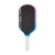 Pickleball paddle with black face, pink and blue sides, and white handle on a white background.