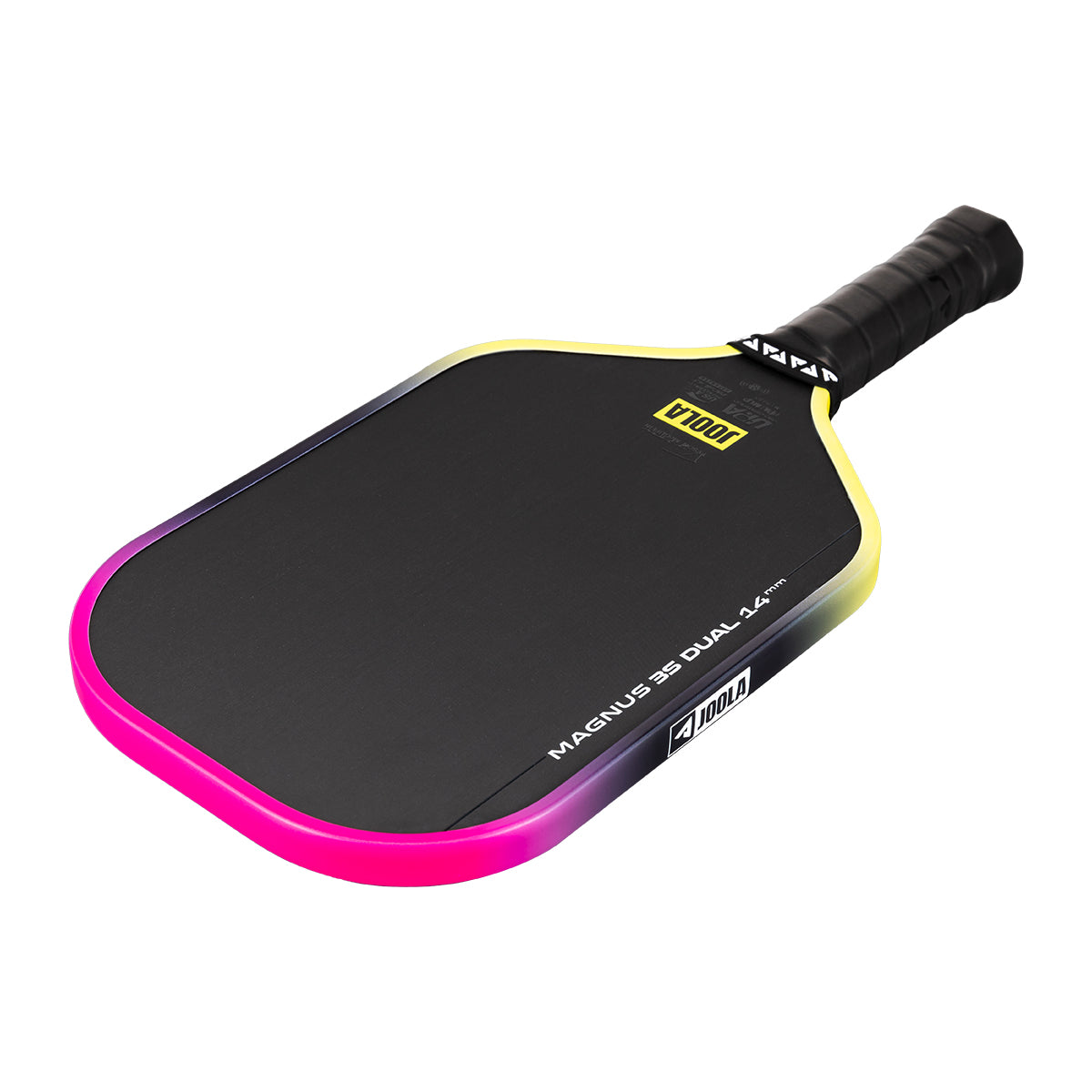 White background, Pink and Yellow gradiant edge guard on the JOOLA 3S Dual Magnus Pickleball Paddle.