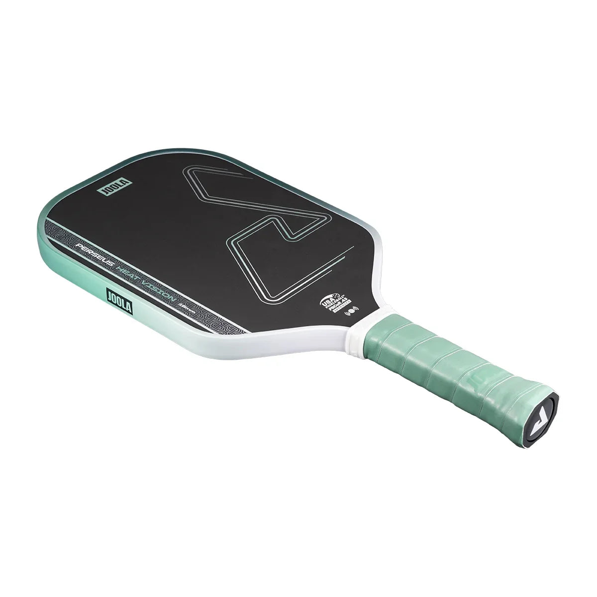 White background, white, green and black JOOLA Perseus Heat Vision pickleball paddle with green handle.