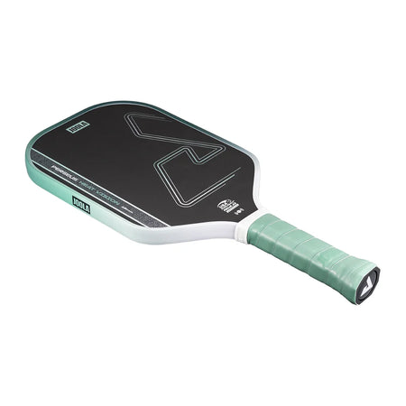 White background, white, green and black JOOLA Perseus Heat Vision pickleball paddle with green handle.