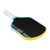 Pickleball paddle with black surface, blue border, and yellow rim on a white background.