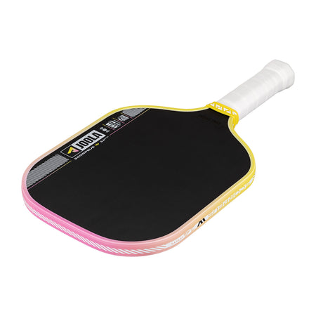 Pickleball paddle with pink and yellow frame on a white background.