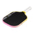 Pickleball paddle with pink and yellow frame on a white background.