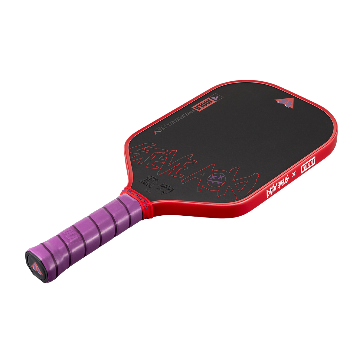 White background, product image showing the JOOLA Perseus Pro V JOOLA x Steve Aoki pickleball paddle, purple handle and red edge guard.