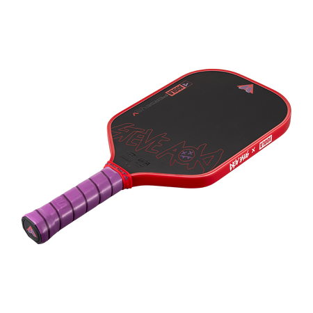 White background, product image showing the JOOLA Perseus Pro V JOOLA x Steve Aoki pickleball paddle, purple handle and red edge guard.