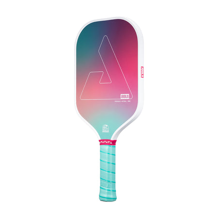 White background, product photo of the JOOLA Perseus Astral pickleball paddle with a teal handle and white edge guard, and gradient colored paddle face.