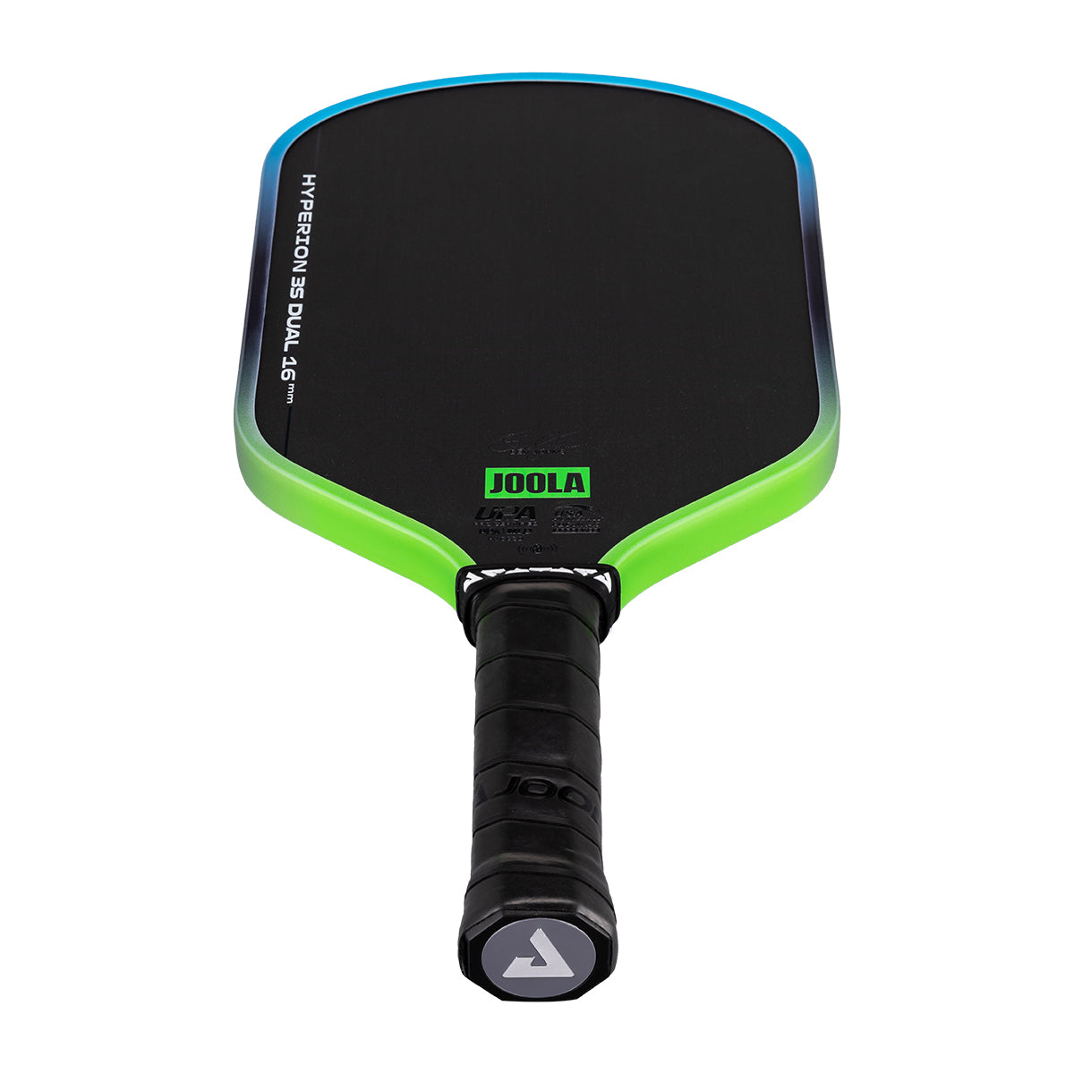 White background, image of a JOOLA Hyperion 3S Dual pickleball paddle with a green and blue dual gradiant edge guard.