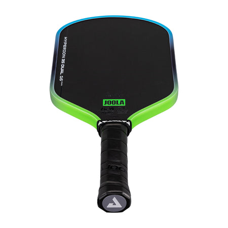 White background, image of a JOOLA Hyperion 3S Dual pickleball paddle with a green and blue dual gradiant edge guard.