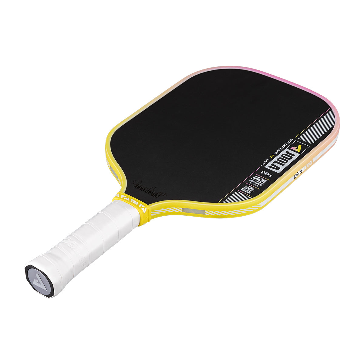 Pickleball paddle with black playing surface, yellow frame, and white handle on a white background.