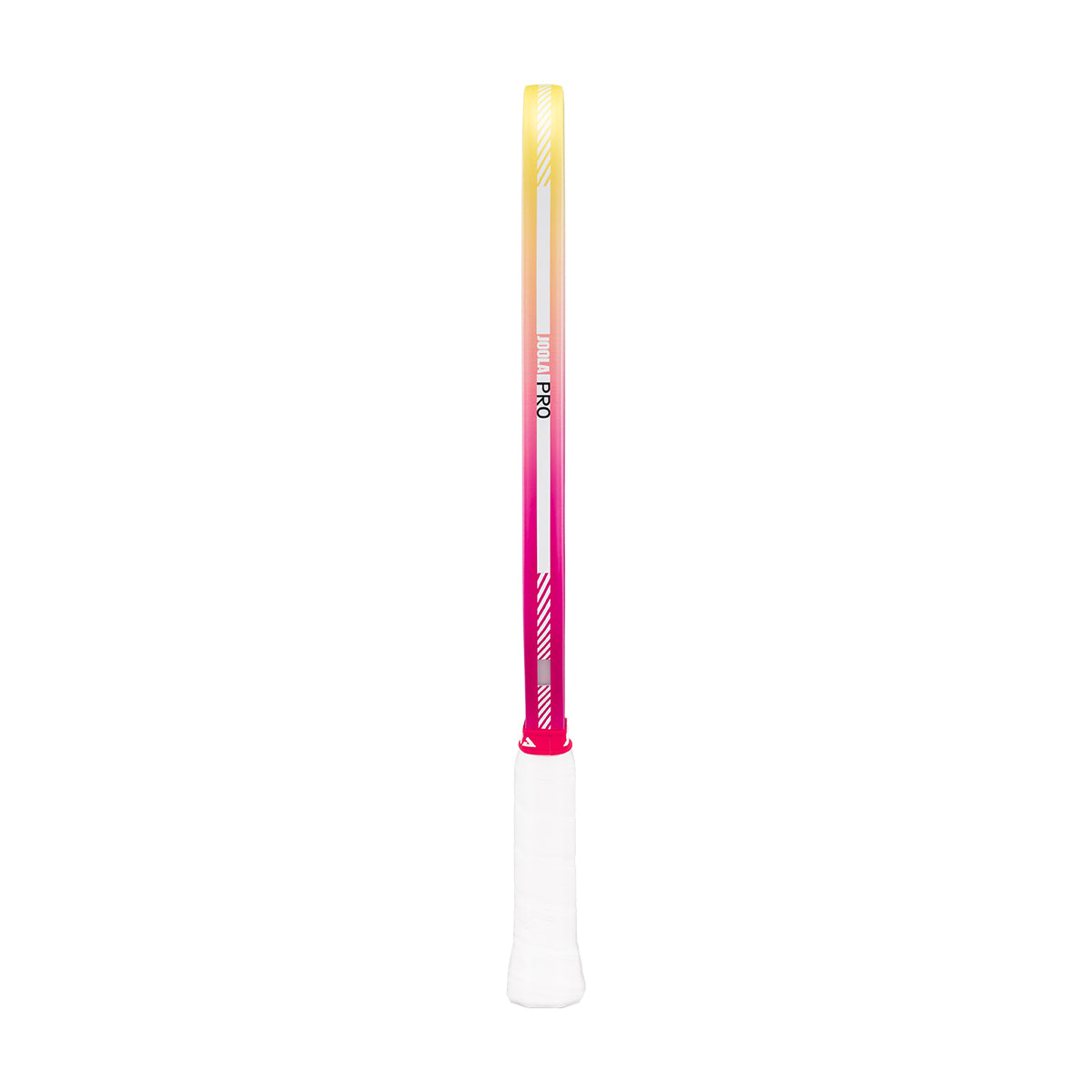 Side view of the yellow and pink gradient edge guard on the JOOLA Magnus Pro IV pickleball paddle.