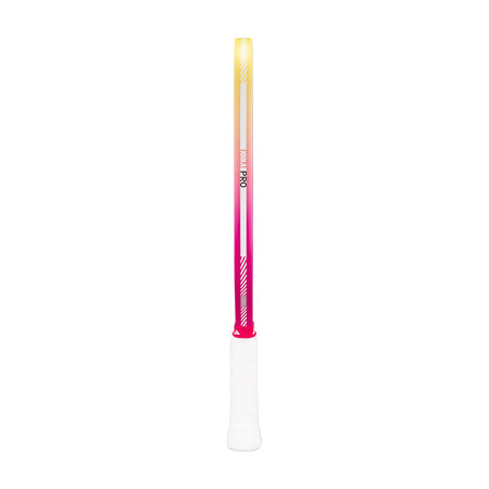 Side view of the yellow and pink gradient edge guard on the JOOLA Magnus Pro IV pickleball paddle.
