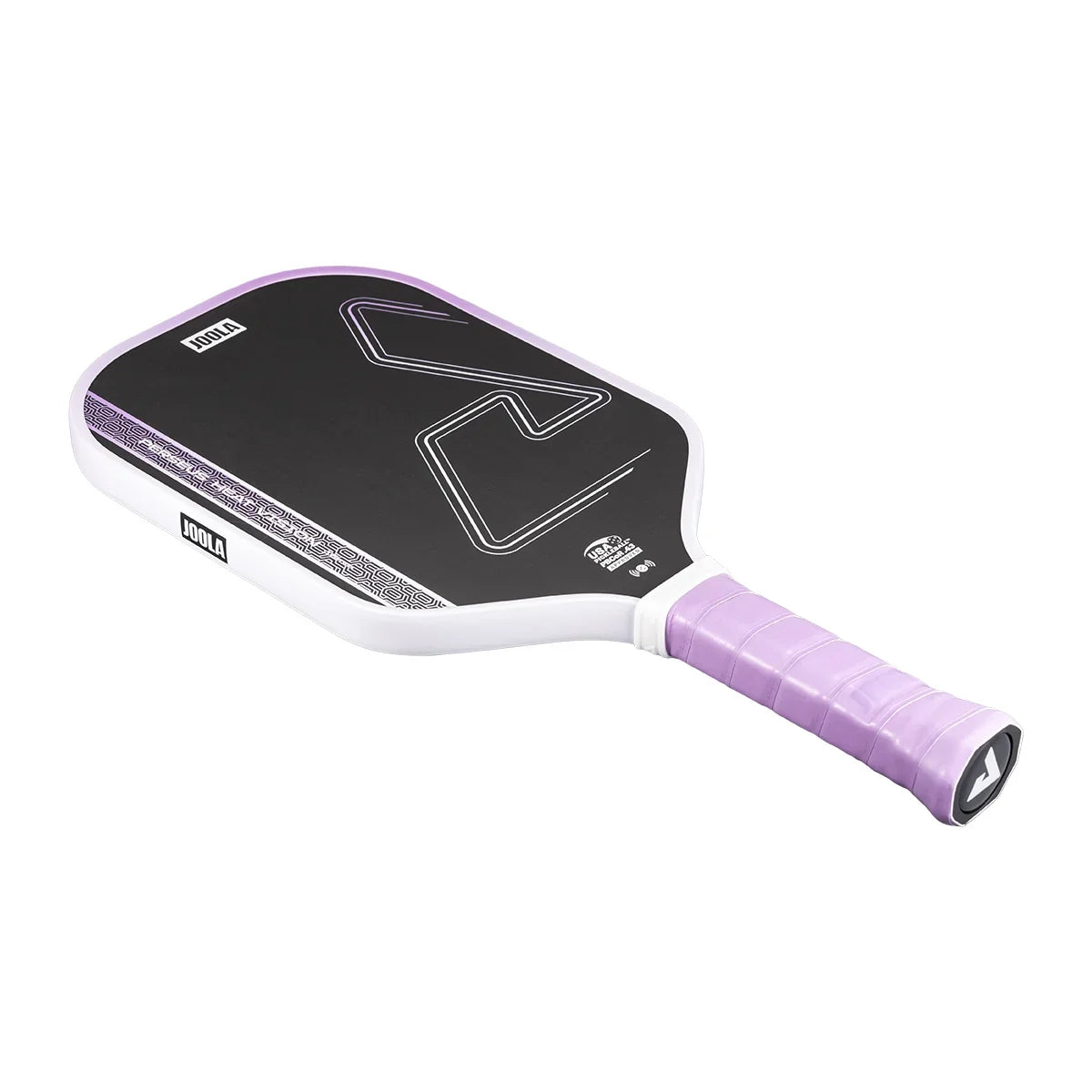 White background, product image of a purple and white colored JOOLA Perseus Heat Vision paddle.