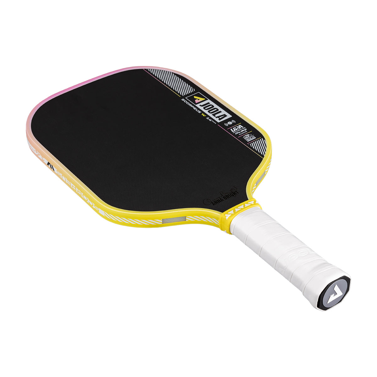 Yellow and black pickleball paddle with white handle on a white background.