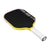 Yellow and black pickleball paddle with white handle on a white background.