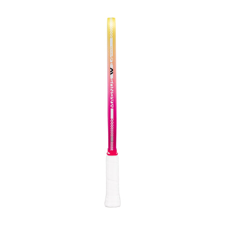 White background, side view of the dual pink and yellow edge guard of the JOOLA Pro IV Magnus 14mm pickleball paddle.
