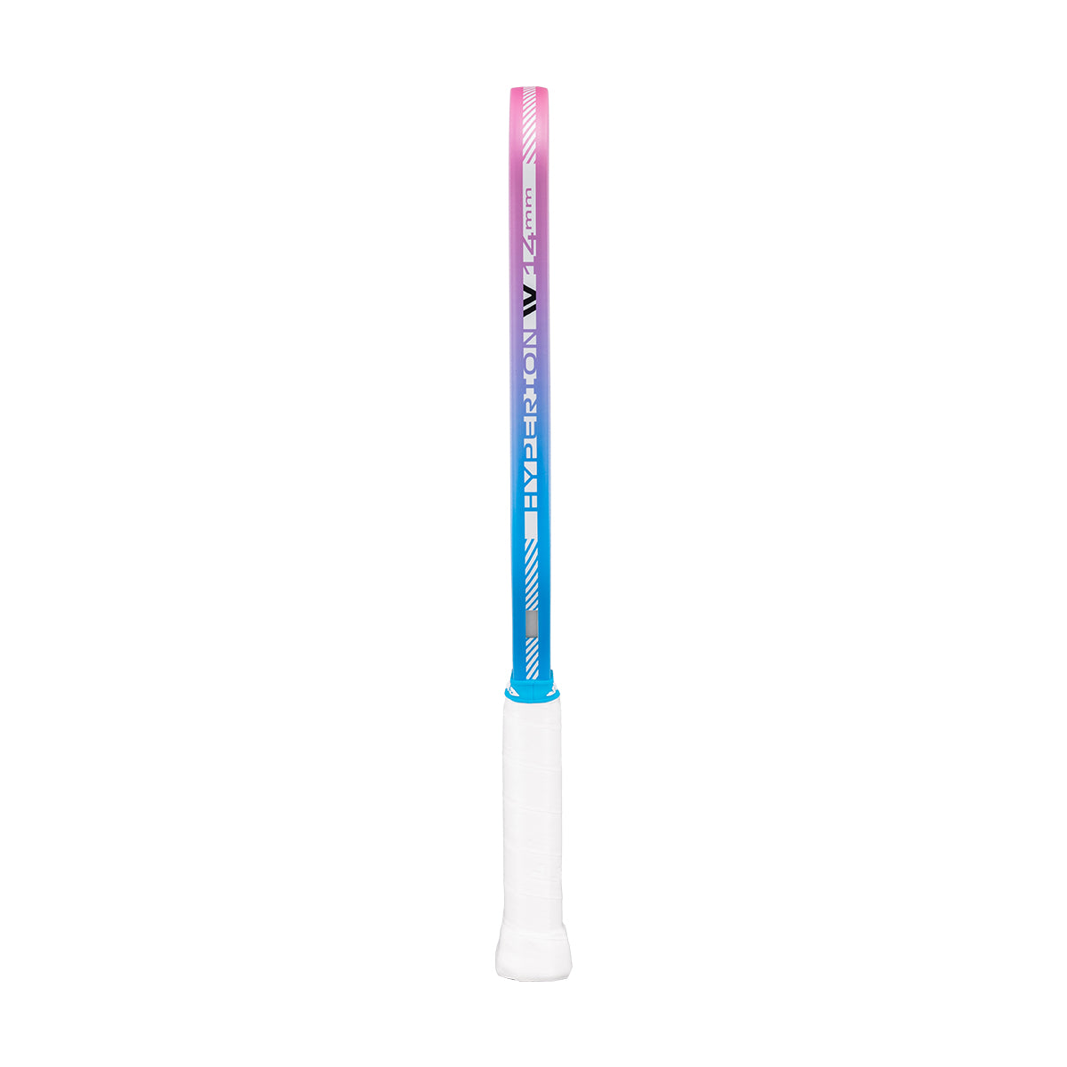 Pickleball paddle racket with a white handle and blue shaft on a white background