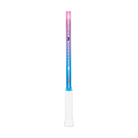 Pickleball paddle racket with a white handle and blue shaft on a white background