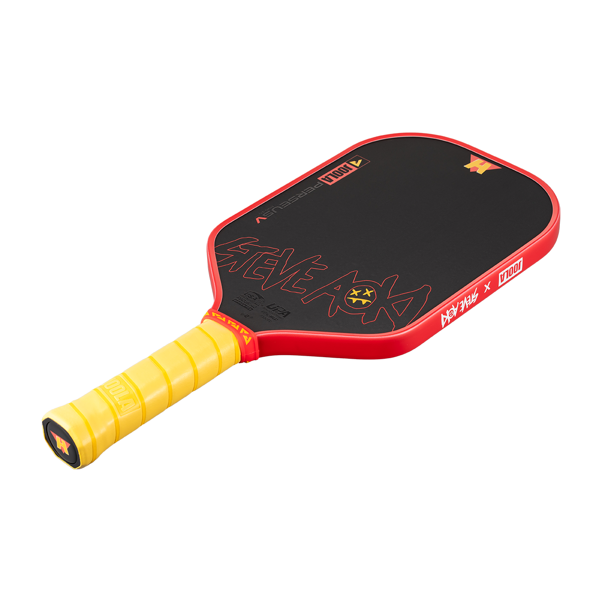 White background, product image of the Perseus Pro V JOOLA x Steve Aoki pickleball paddle, yellow handle and red edge guard.
