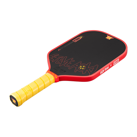 White background, product image of the Perseus Pro V JOOLA x Steve Aoki pickleball paddle, yellow handle and red edge guard.