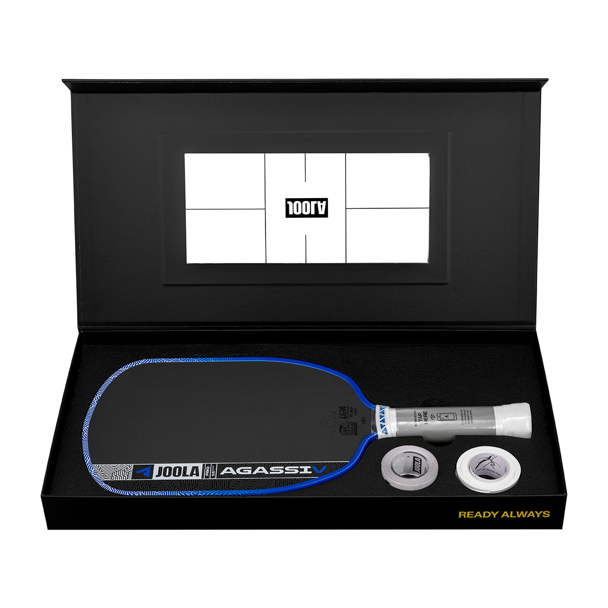 White background, product image showing the JOOLA Agassi Pro V pickleball paddle with blue edge guard and white handle.