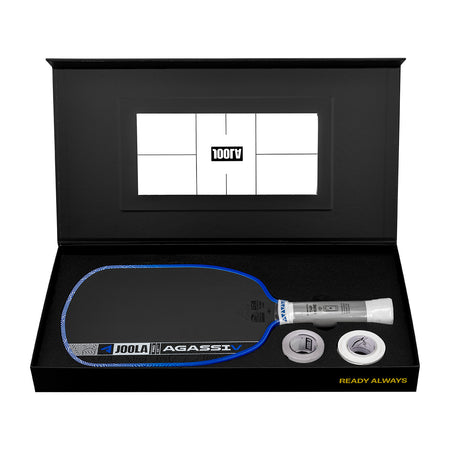 White background photo, image of the JOOLA Agassi Pro V in it's premium box.