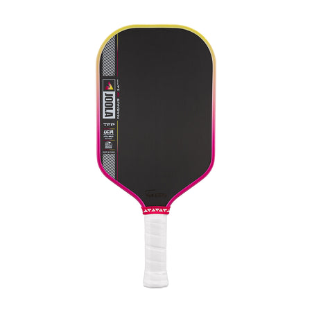 White background, JOOLA Magnus Pro IV 14mm pickleball paddle, with yellow and pink gradient.