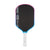 Pickleball paddle with black surface, pink rim, and white handle on a white background.