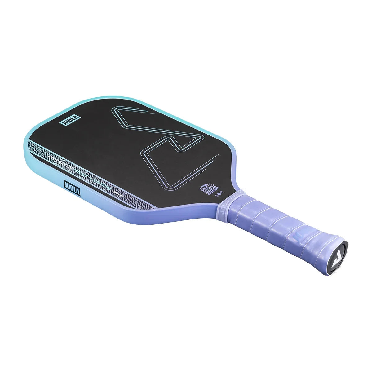 White background, product image of the JOOLA Heat Vision pickleball paddle with purple handle and purple and teal edge guard.