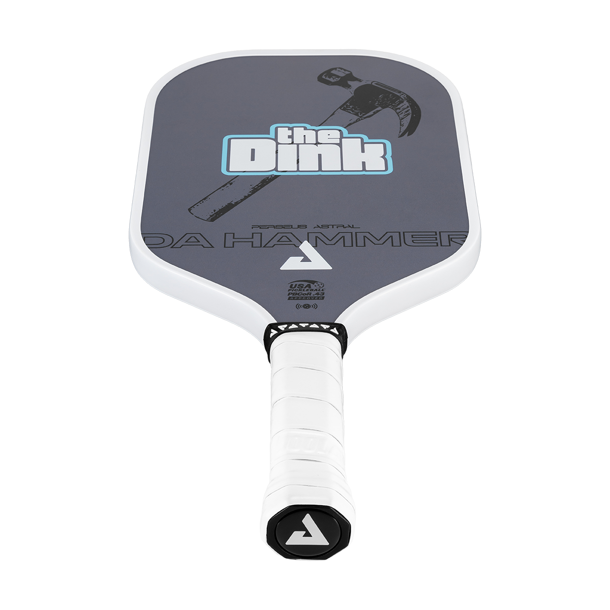 A pickleball paddle with a white frame and handle, featuring a dark gray face with 'The Dink' and 'DA HAMMER' branding, shown against a plain white background.