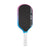 Pickleball paddle with black surface, pink and blue edges, and white handle on a white background.