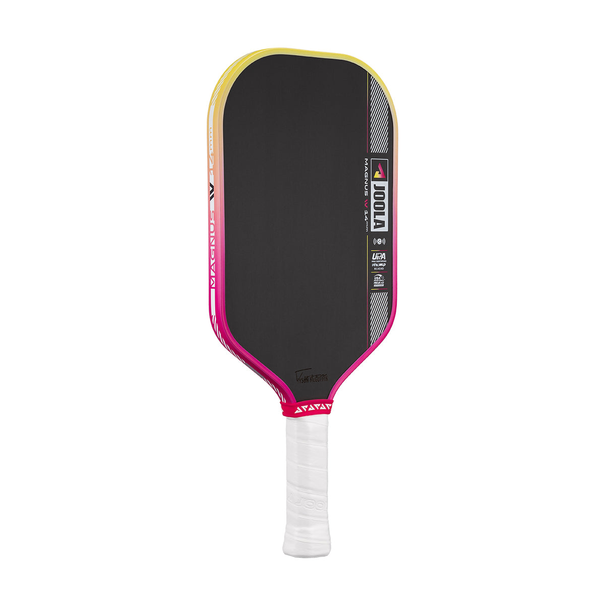 White background, angled view of the JOOLA Magnus Pro IV pickleball paddle with yellow and pink gradient edge guard.