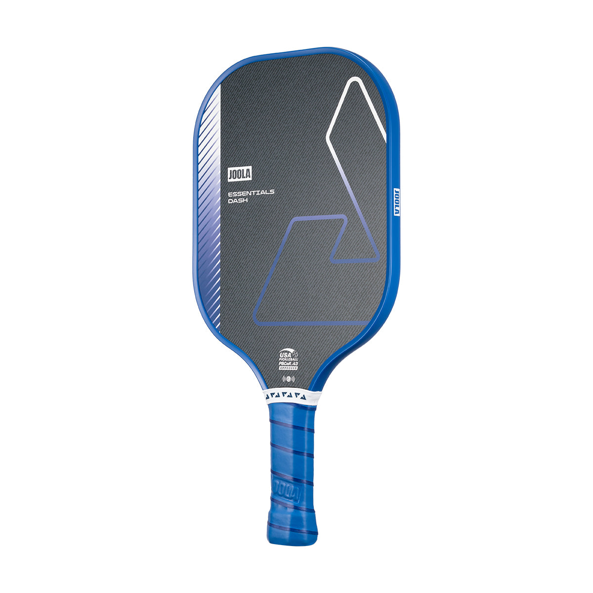 White background, product image of the JOOLA Essentials Dash pickleball paddle with blue handle and matching edge guard.
