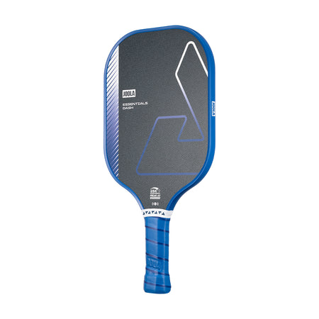 White background, product image of the JOOLA Essentials Dash pickleball paddle with blue handle and matching edge guard.