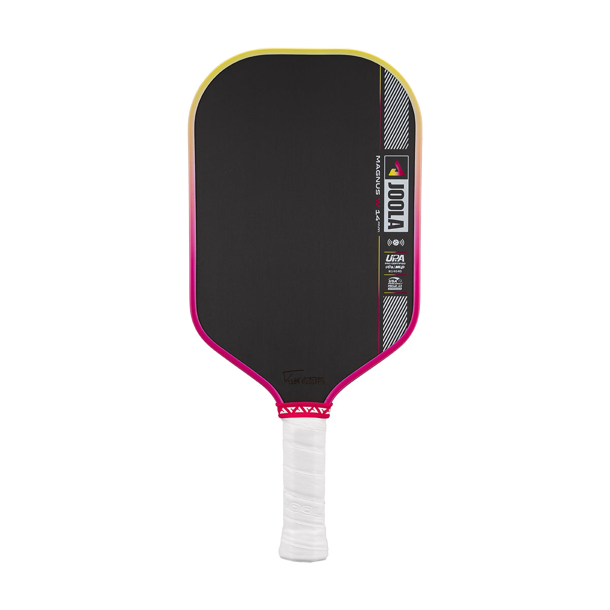 White background, JOOLA Magnus Pro IV pickleball paddle with pink and yellow edge guard.