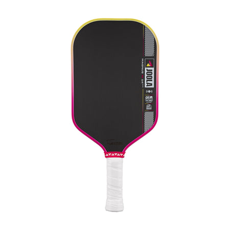 White background, JOOLA Magnus Pro IV pickleball paddle with pink and yellow edge guard.