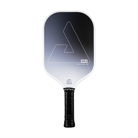 White background, product image showing the white edge guard of the JOOLA Perseus Astral pickleball paddle, with black handle.