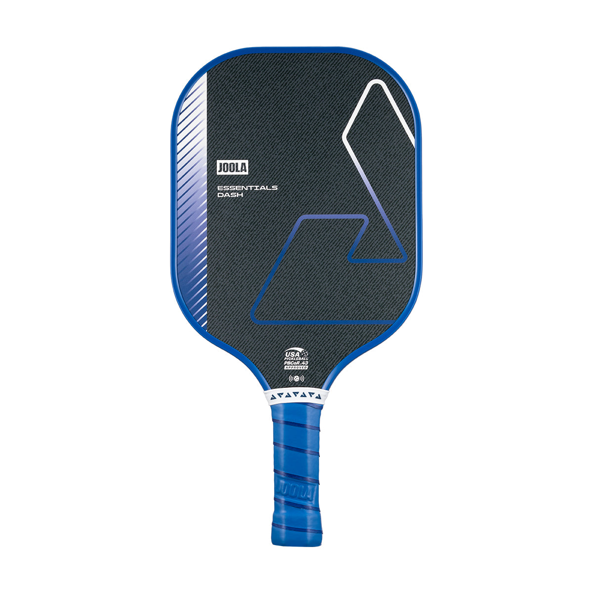 White background, product image of the JOOLA Essentials Dash pickleball paddle with blue edge guard and blue handle.