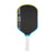 Pickleball paddle with black face, blue rim, and white handle on a white background.