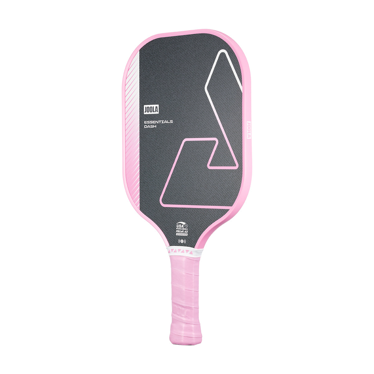 White background, product image of the JOOLA Essentials Dash pickleball paddle with a pink handle and pink edge guard.