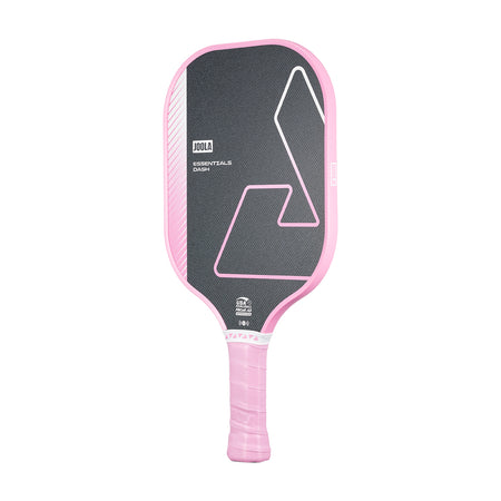 White background, product image of the JOOLA Essentials Dash pickleball paddle with a pink handle and pink edge guard.