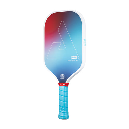 White background, product image of the JOOLA Perseus Astral pickleball paddle with light blue handle, white edge guard and red, white and blue gradiant color paddle face.